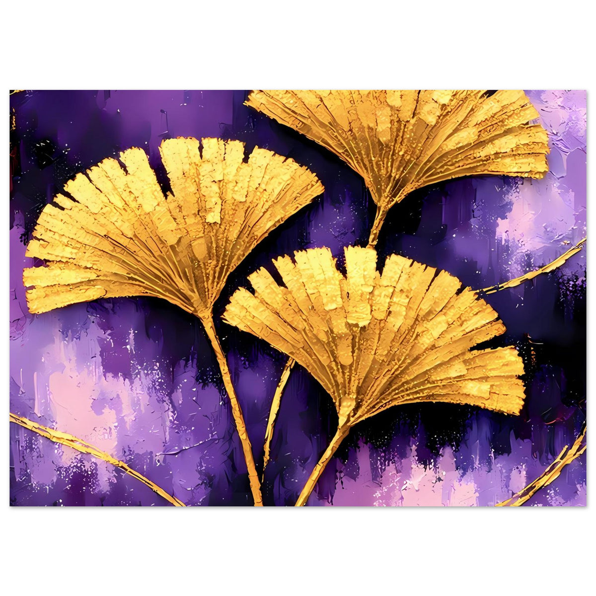 Poster im Querformat mit goldenen Ginkgo-Blättern auf violettem, abstraktem Hintergrund
