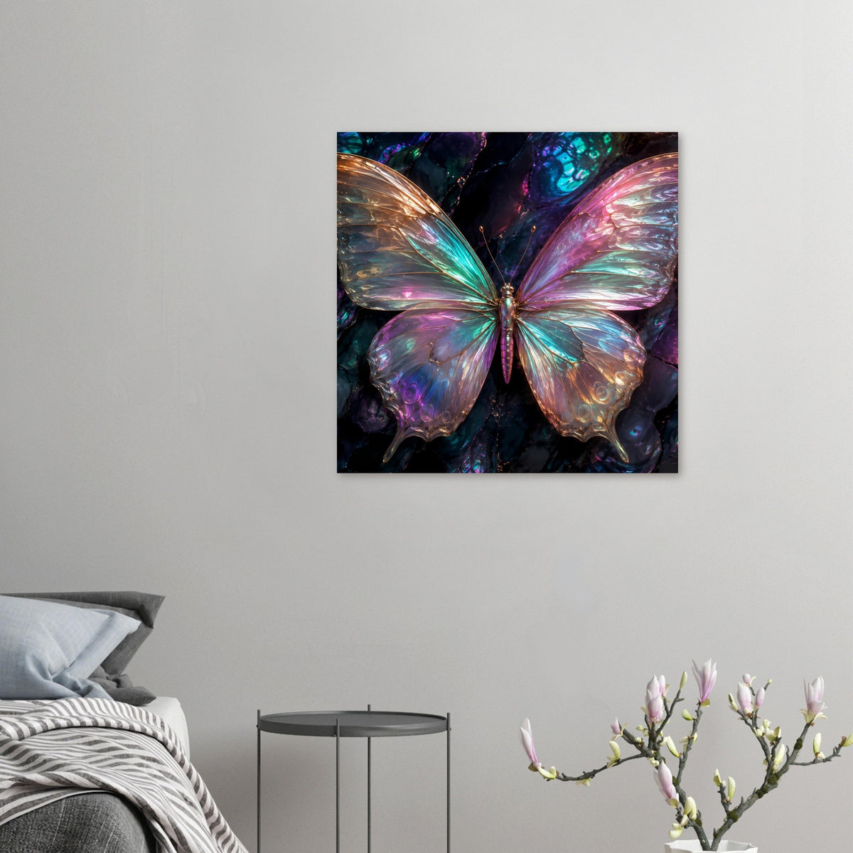 Schmetterling-Poster mit regenbogen-schimmernden Flügeln und zentralem Körper.