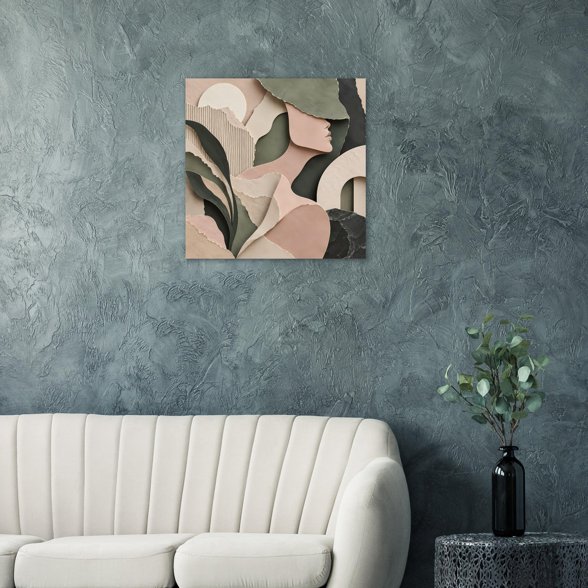 Quadratisches abstraktes Poster mit Frauenprofil, Beige-, Grün- und Schwarztönen
