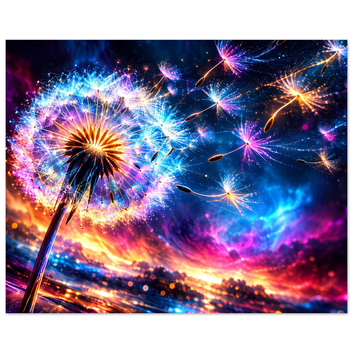 Leuchtendes Poster mit Feuerwerk, farbige Lichtstreifen unten und violette Funken oben