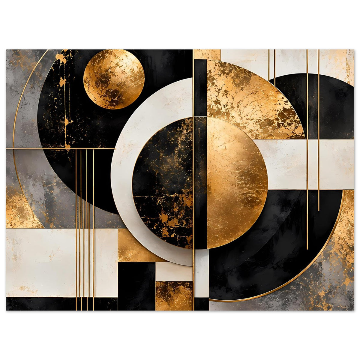 Poster mit abstrakter Geometrie: Kreisringe, goldene Kugel, Schwarz und Creme