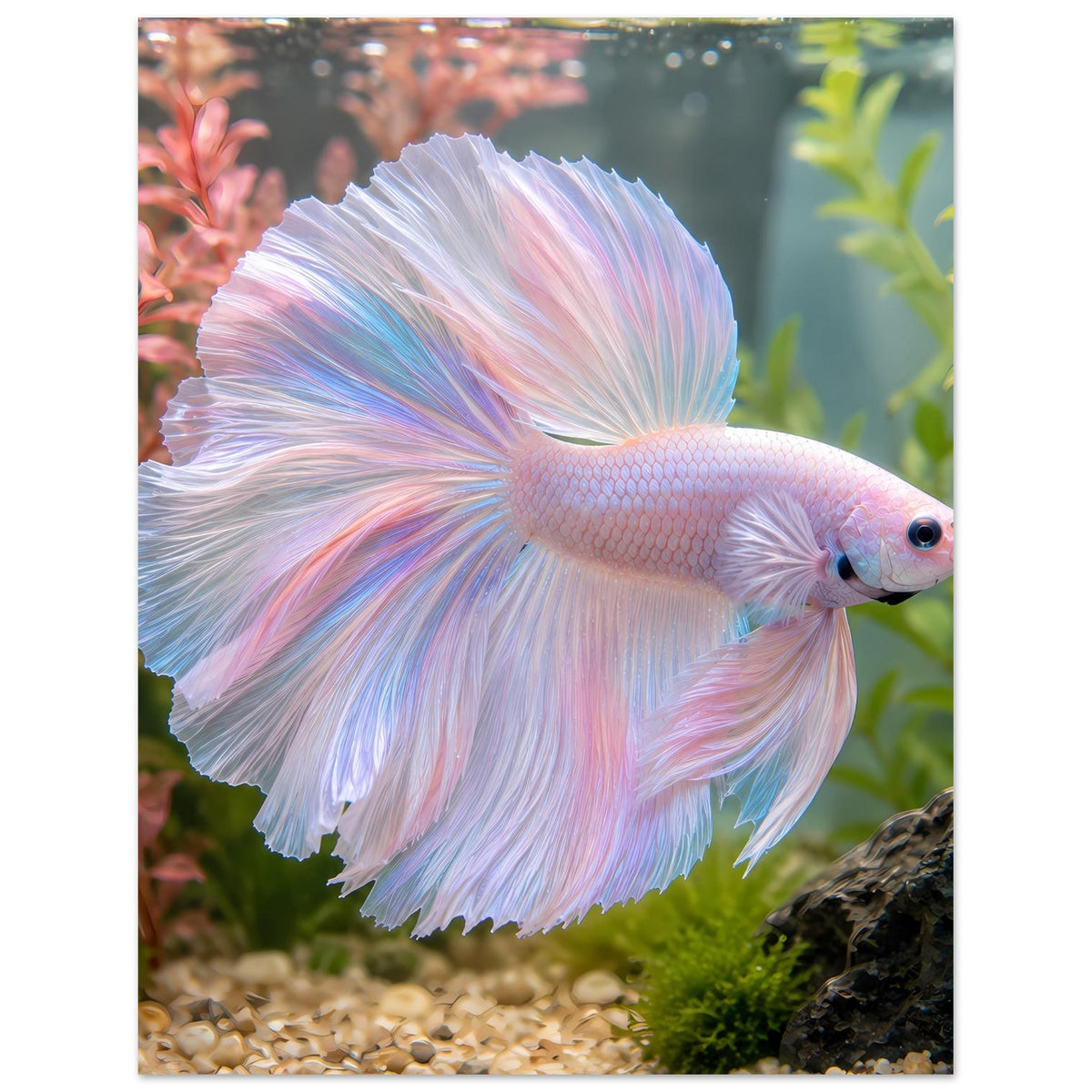 Poster mit pastellfarbenem Betta-Fisch, frontal-seitlicher Blick und großen Flossen
