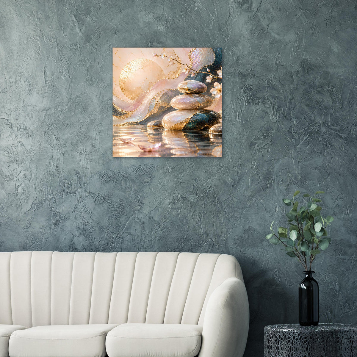 Kunstposter mit Goldakzenten, abstraktes Wasser- und Steinmotiv mit Lichtbogen