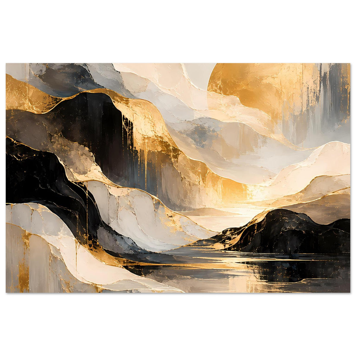Kunstposter mit abstrakten Bergen und Spiegelungseffekt, Gold, Schwarz, Creme, horizontal