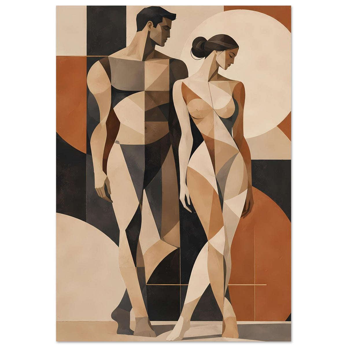 Poster mit geometrischen Aktfiguren eines Paares, stilisierte Gesichter und Körper in Beige