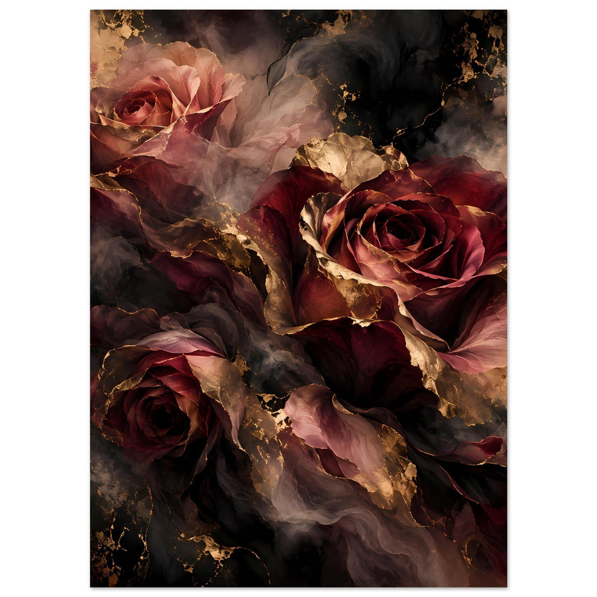 Poster mit dunklen Rosen und goldenen Akzenten, seitlich komponiertes Bouquet