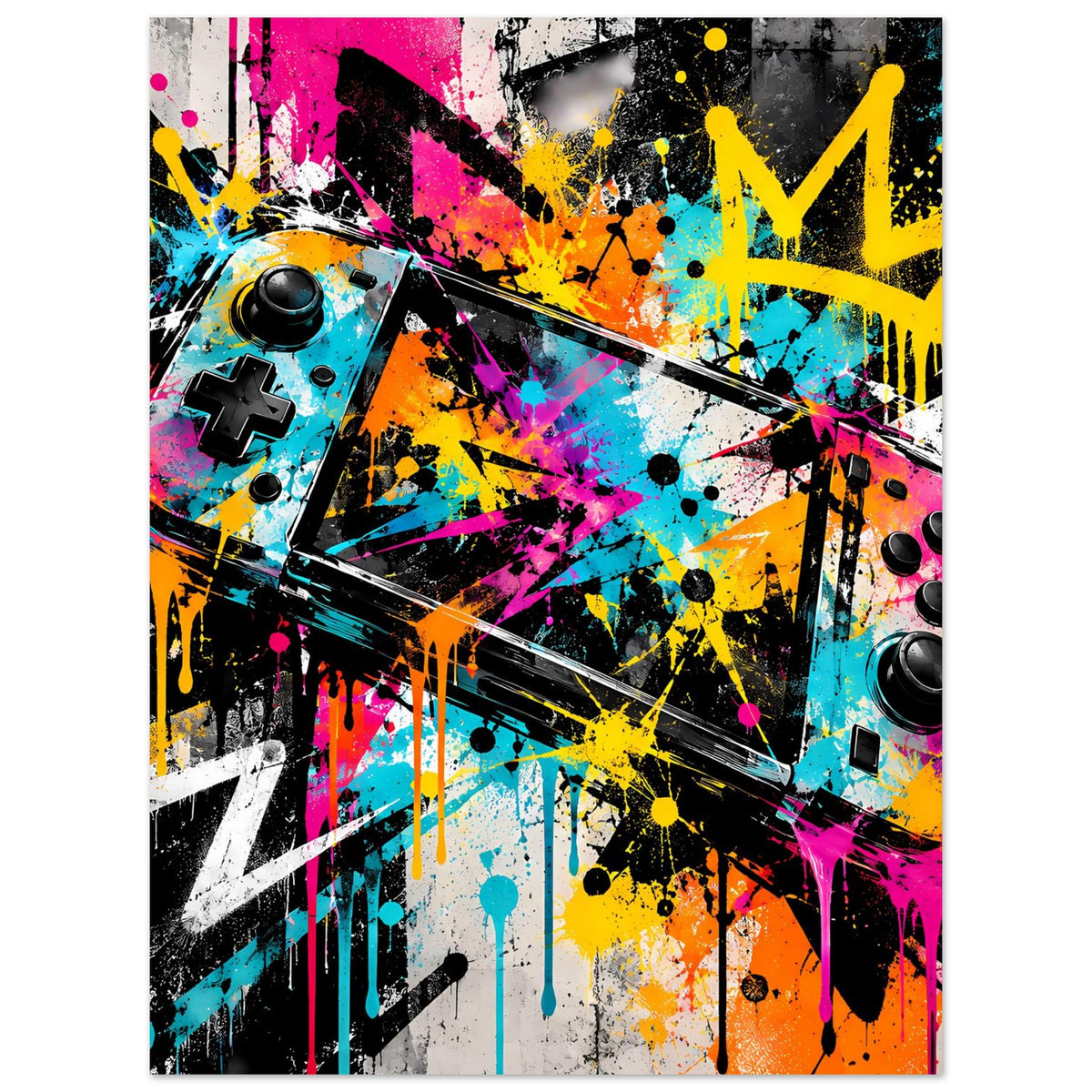 Vertikales Gaming-Graffiti-Poster mit Sprühfarben, Controller-Elementen und gelbem Krone-Icon