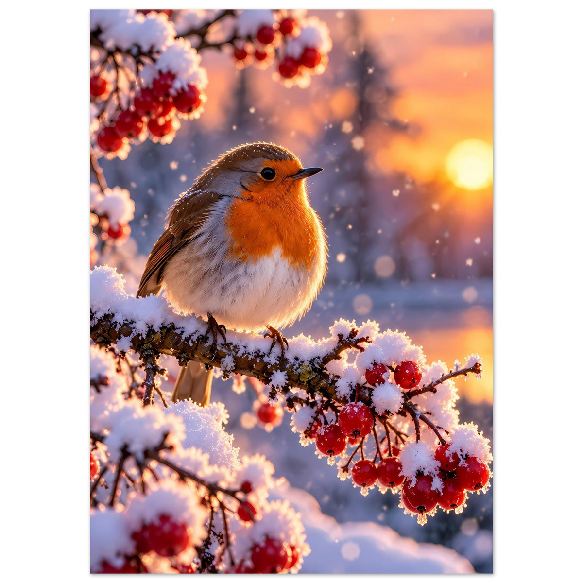 Poster mit Rotkehlchen im Vordergrund auf Ast, rote Beeren und Schnee