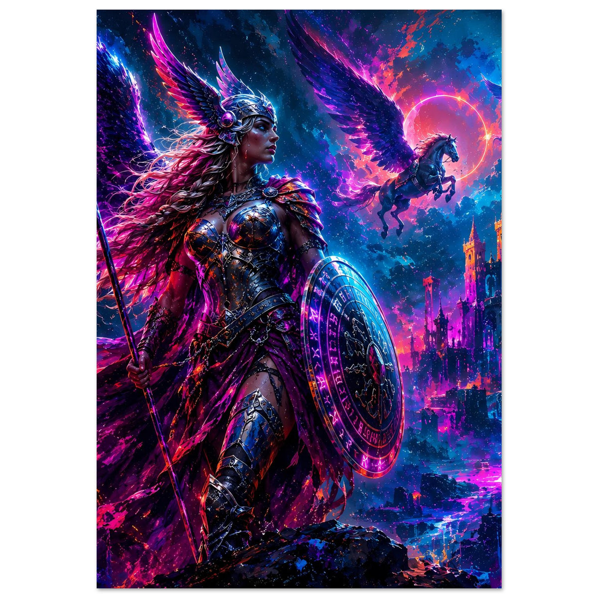 Fantasy-Poster: Valkyrie mit Flügelhelm, Schwert und ovalem Schild vor magischer Stadt