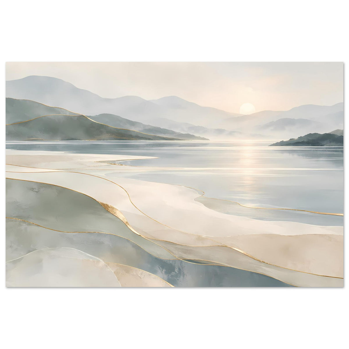 Küstenlandschafts-Poster im Querformat: Beige-Sand, graue Berge, glatter Horizont mit Goldakzenten