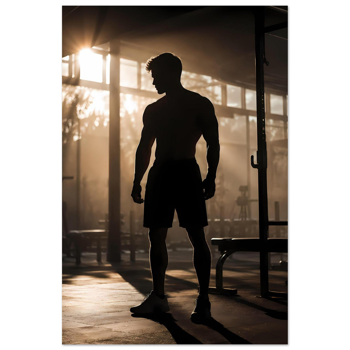 Fitness-Poster (hochformat) mit dunkler Sportler-Silhouette und Shorts, Ganzkörper