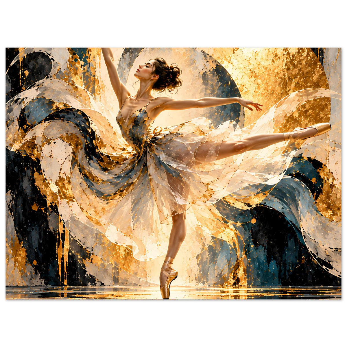 Ballettkunst-Poster mit tanzender Balletttänzerin, beiger Rock und blau-goldene abstrakte Texturen