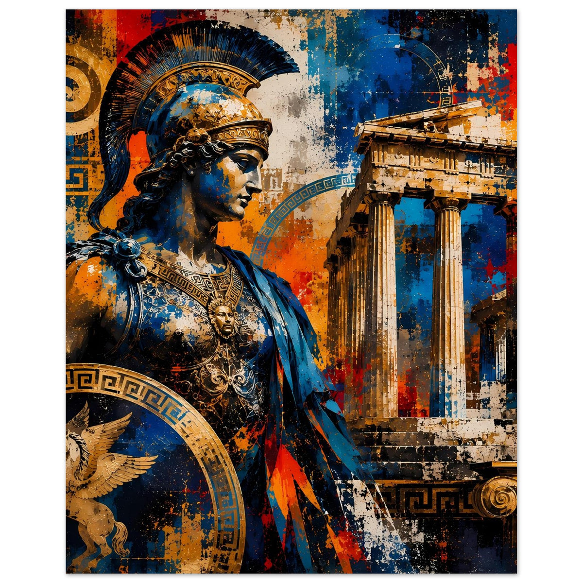 Griechisches Krieger-Poster mit dramatischem Umhang, Rundschild und Säulen im Hintergrund