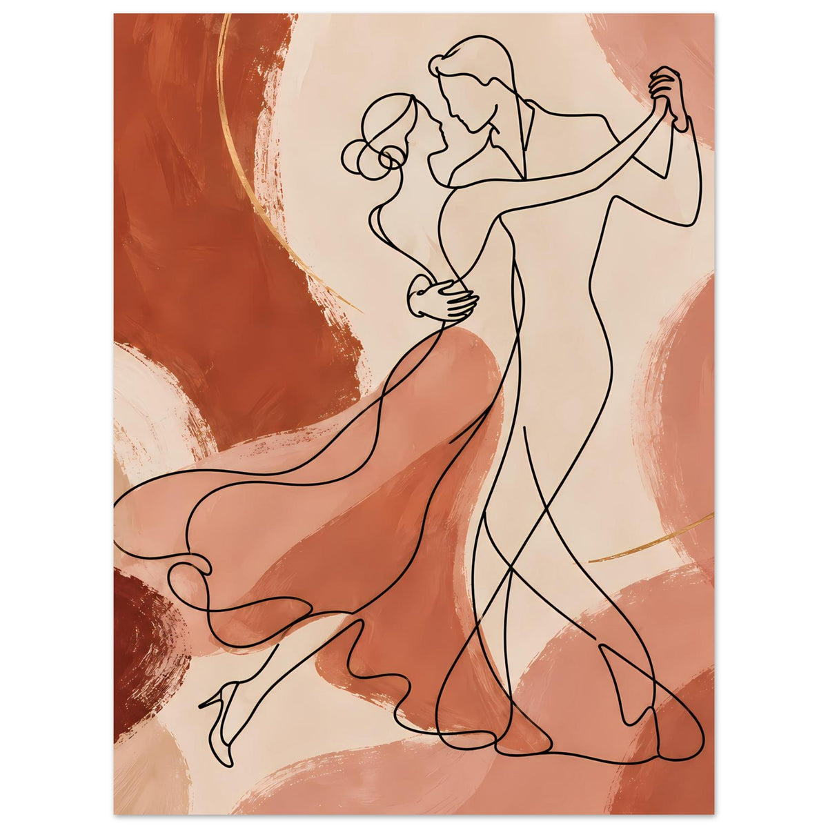 Kunstposter mit tanzendem Paar in Line-Art, warme Erdtöne, Ausschnitt der unteren Partie