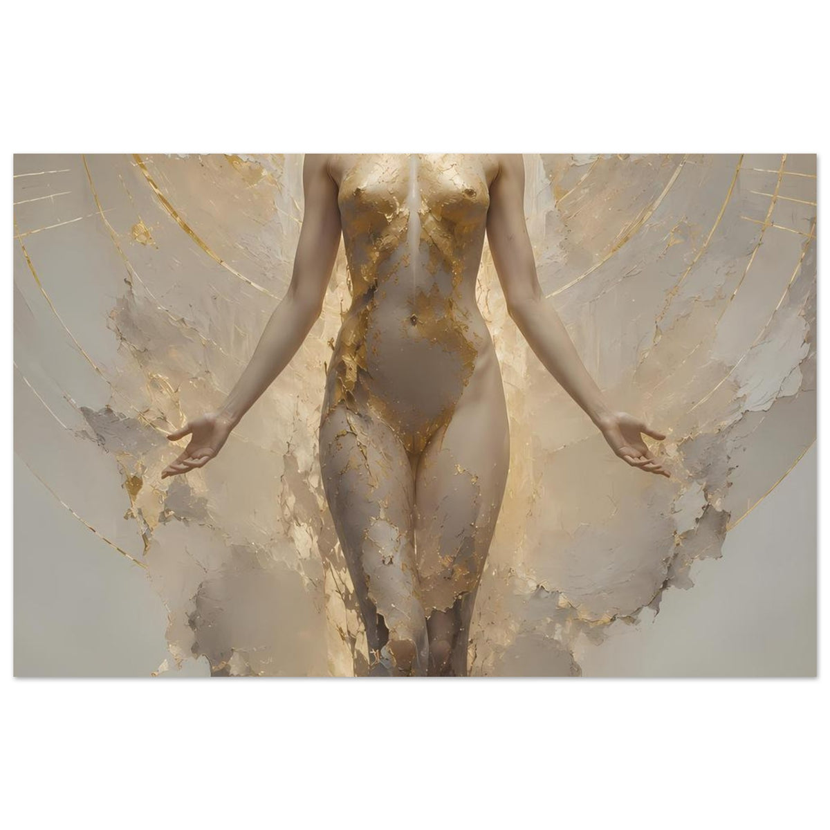 Poster mit schwebender Frauenfigur in Creme und Gold, Dekorierte Drapierung in Goldoptik