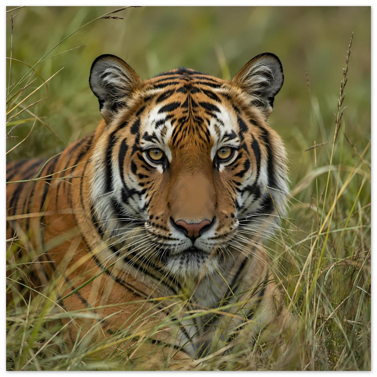 Tiger-Poster mit intensivem Blick, orange-braunes Fell, schwarze Streifen, verfilztes Gras im Vordergrund