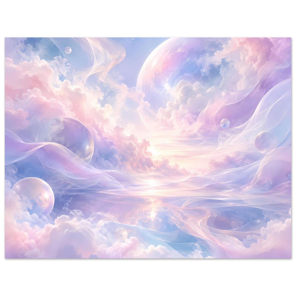 Horizontales Poster mit pastellfarbenem Wolkenhimmel, schwebenden Kugeln und Lichtzentrum