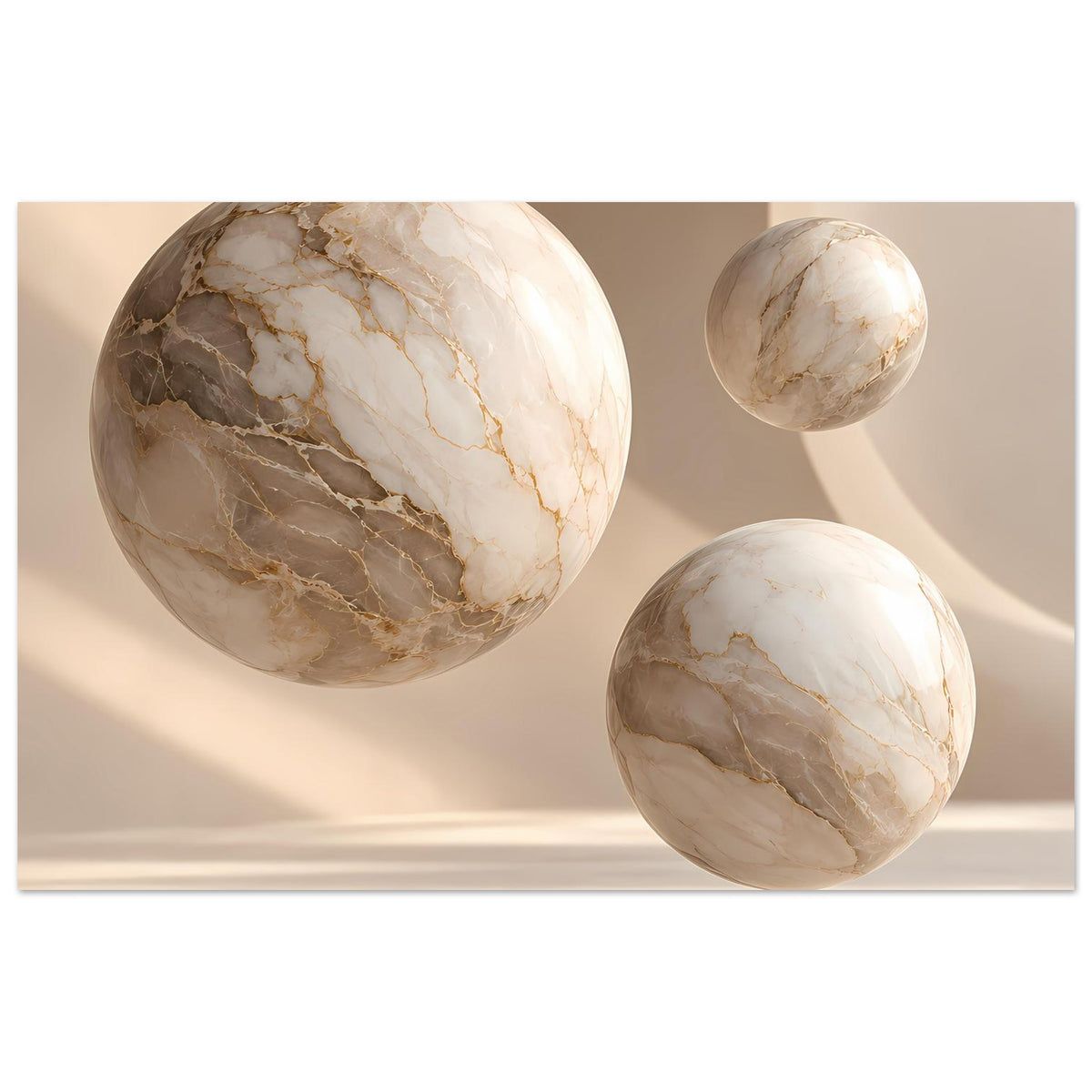 Abstraktes Poster mit drei Marmorkugeln in Beige und Braun, goldene Adern