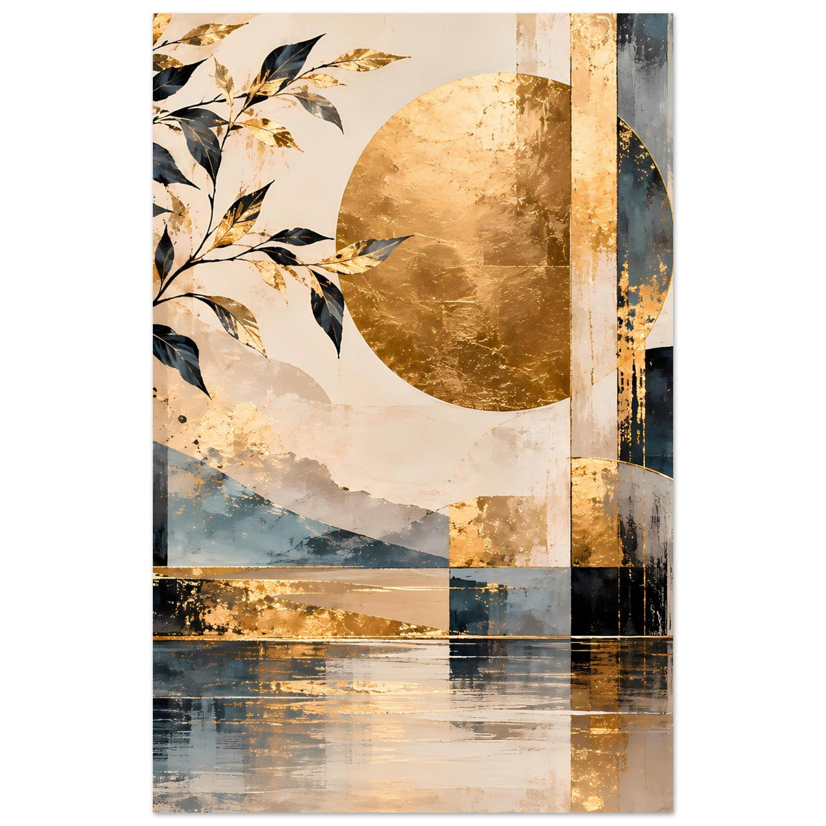 Abstraktes Kunstposter: goldener Kreis, blaue Diagonale, Blattzweige und geteilte Farbbereiche