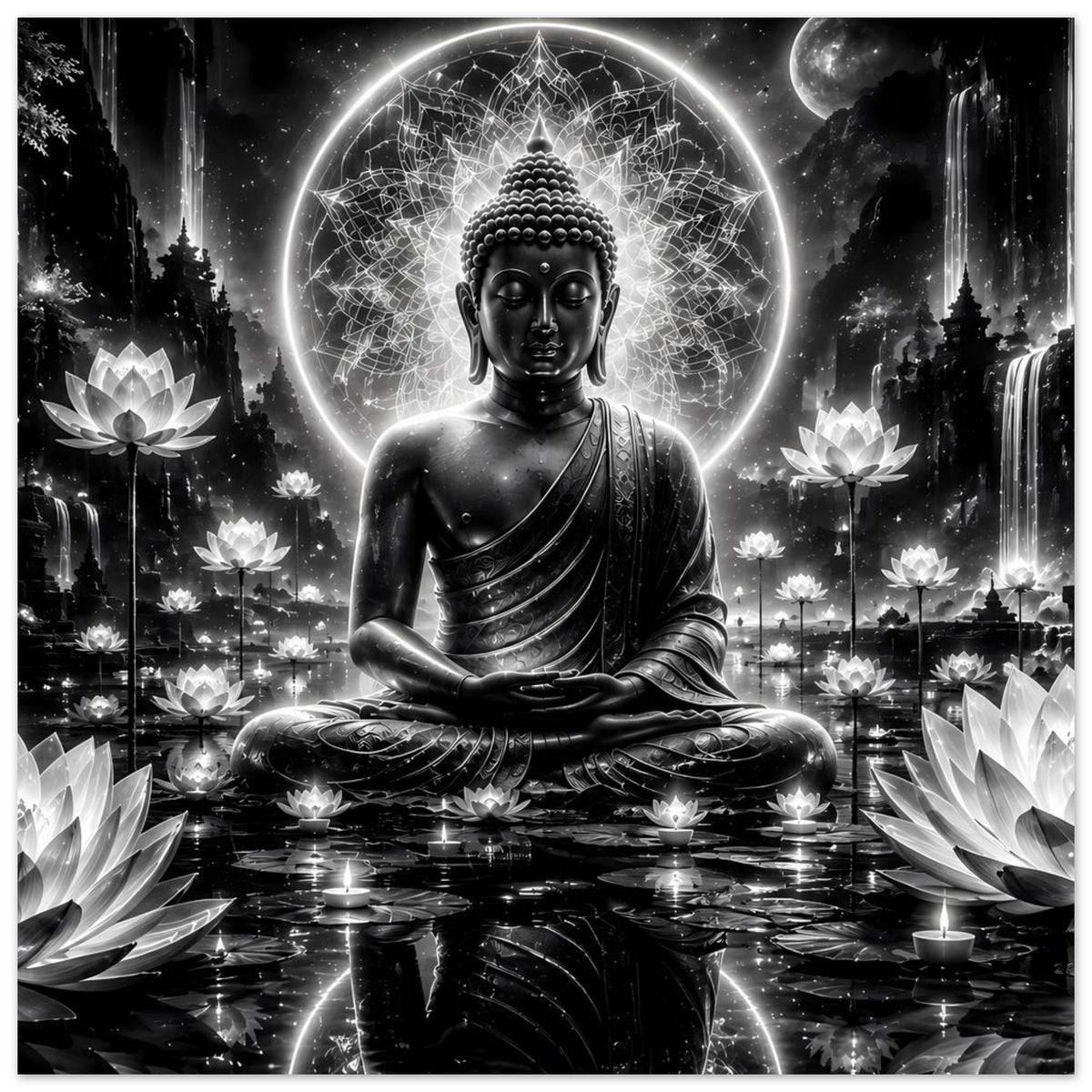 Buddha-Poster Schwarzweiß: sitzende Buddhafigur mit Mandala-Umriss im leuchtenden Kreis