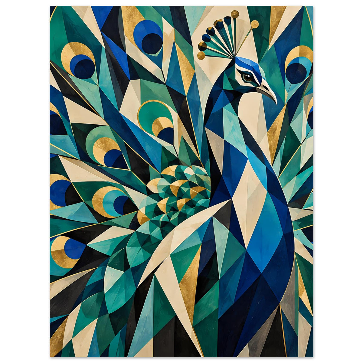 Poster mit geometrischem Pfau und Fächerfedern in Blau, Grün und Gold