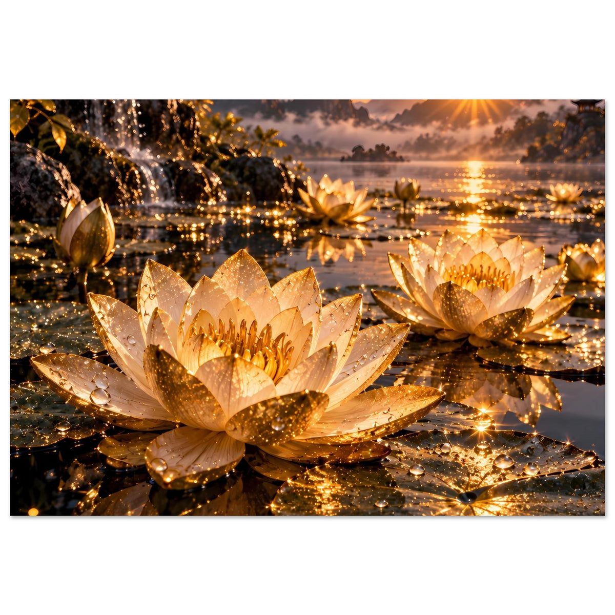 Horizontales Poster mit goldenen Lotusblüten, glitzernden Lichtern und warmem Sonnenlicht am Wasser
