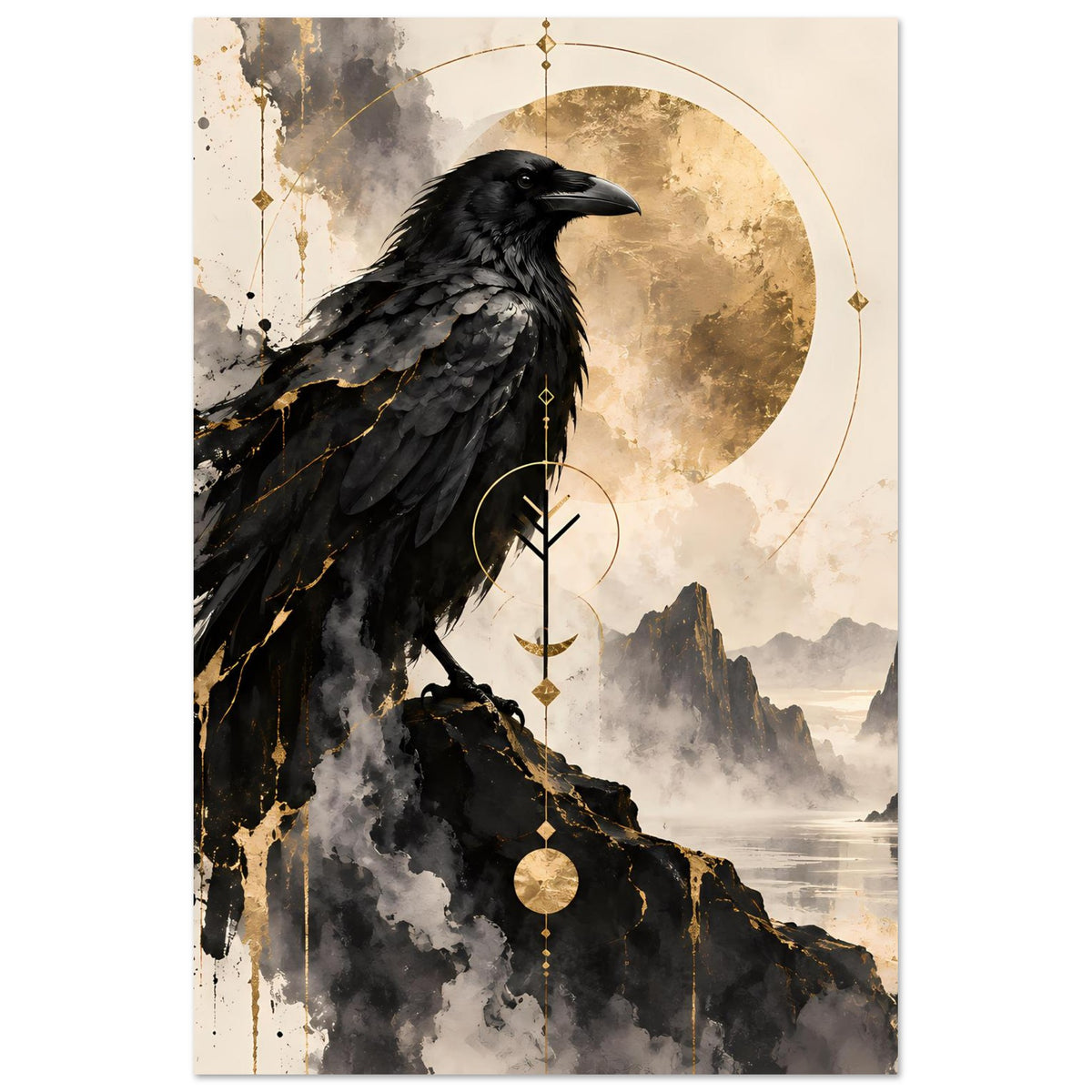 Schwarzer Rabe vor goldenem Halbmond, Vogelkunst-Poster mit Berglandschaft