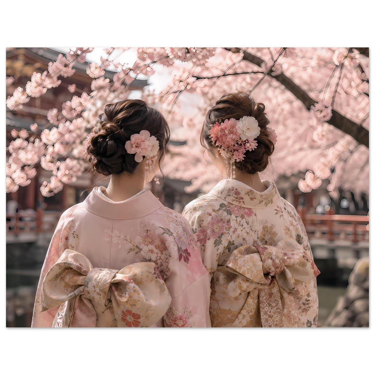 Poster mit Kimono-Motiv, zwei Personen in Pastellgewändern, Kirschblüten, klarer Hochformat-Look