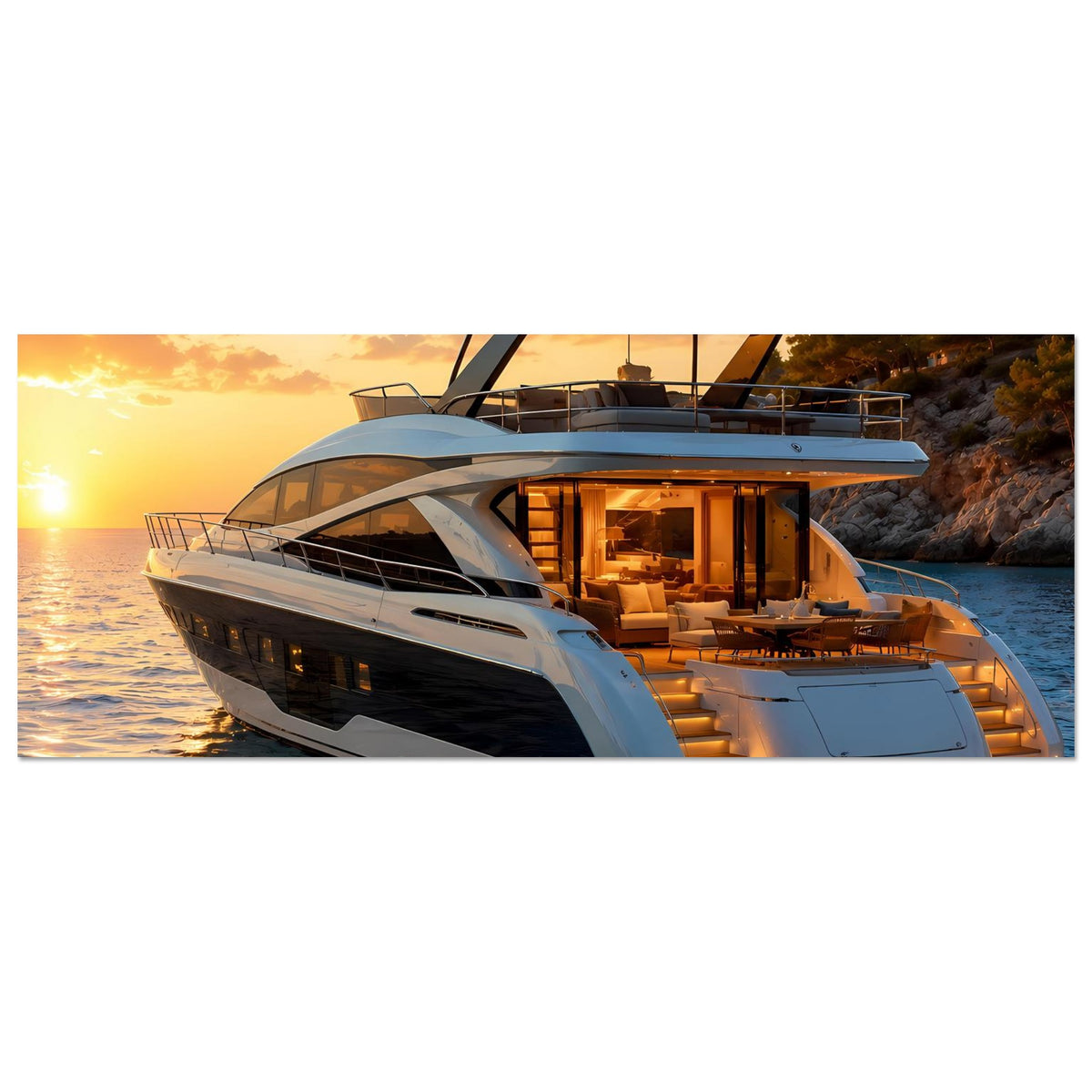 Horizontales Poster mit Luxus-Motoryacht, seitlicher Blick, weiß-grauer Rumpf