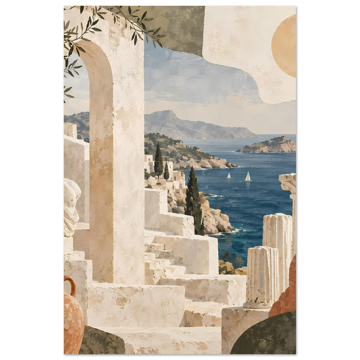 Urlaubs-Poster im Hochformat: mediterrane Fassade mit Säulen und Küste mit Segelbooten