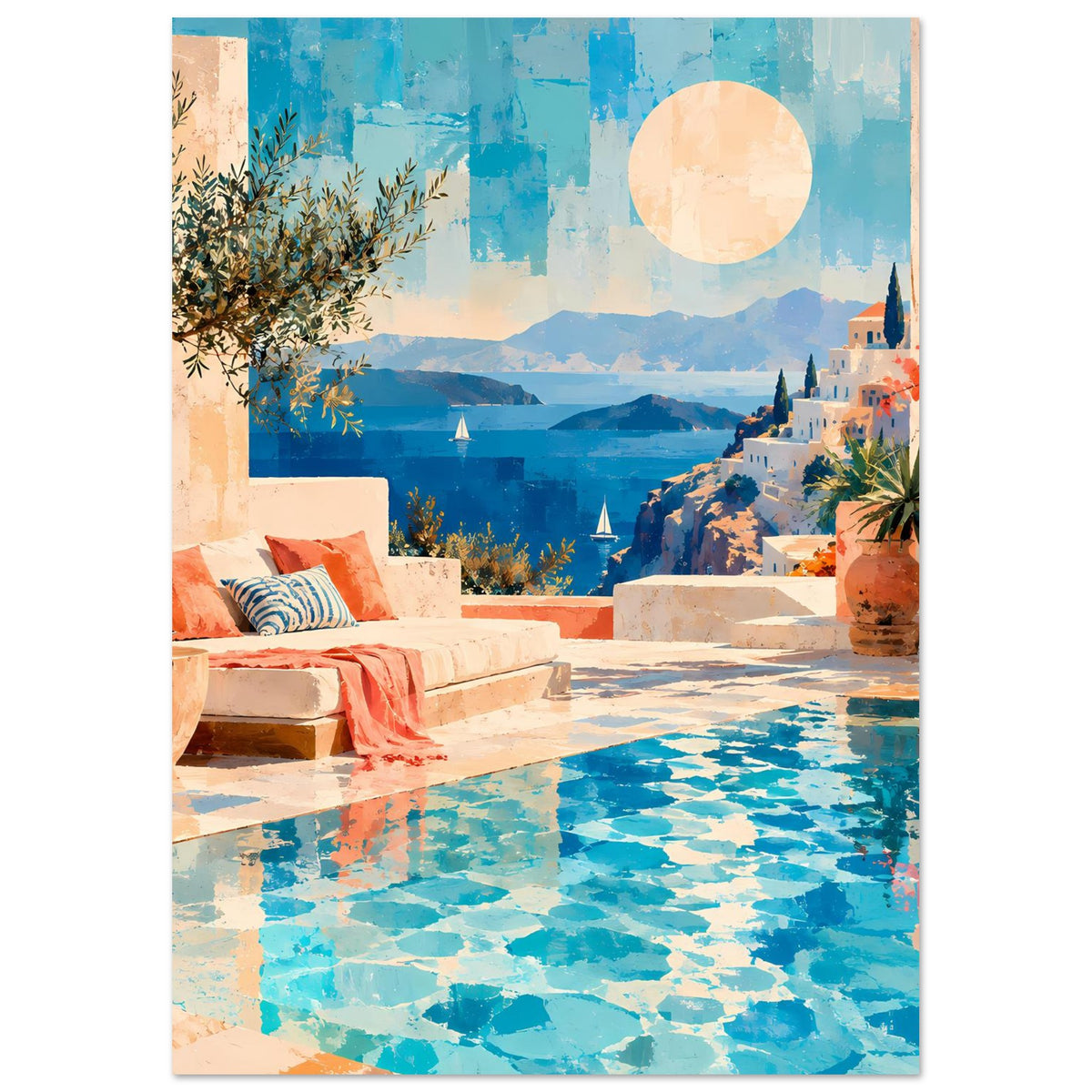 Vertikales Poster mit mediterraner Aussicht: Poolwasser, Häuser am Hang, großer Himmelkreis