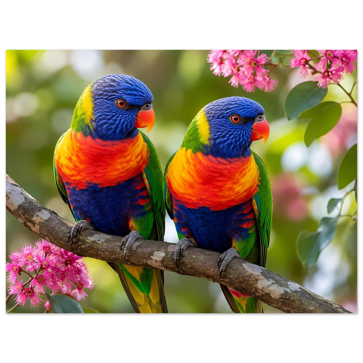 Poster mit zwei Regenbogenlorikeets auf Ast, blau-oranges Gefieder und rosa Blüten.