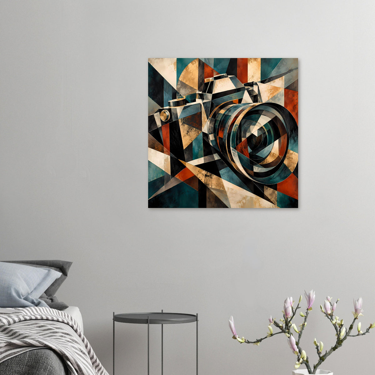 Kleines Retro-Kameraposter mit geometrischer Optik aus Ringen in Petrol und Rostorange