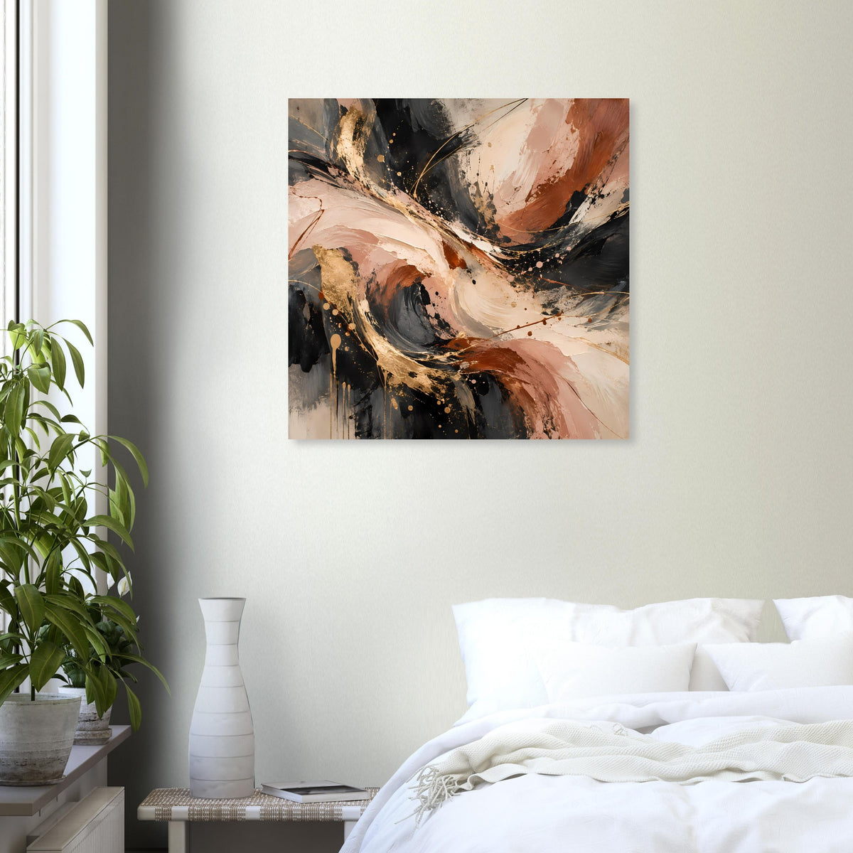 Abstraktes Kunstposter mit Pinselwirbeln in Beige, Rostbraun und Dunkelbraun mit Schattierung
