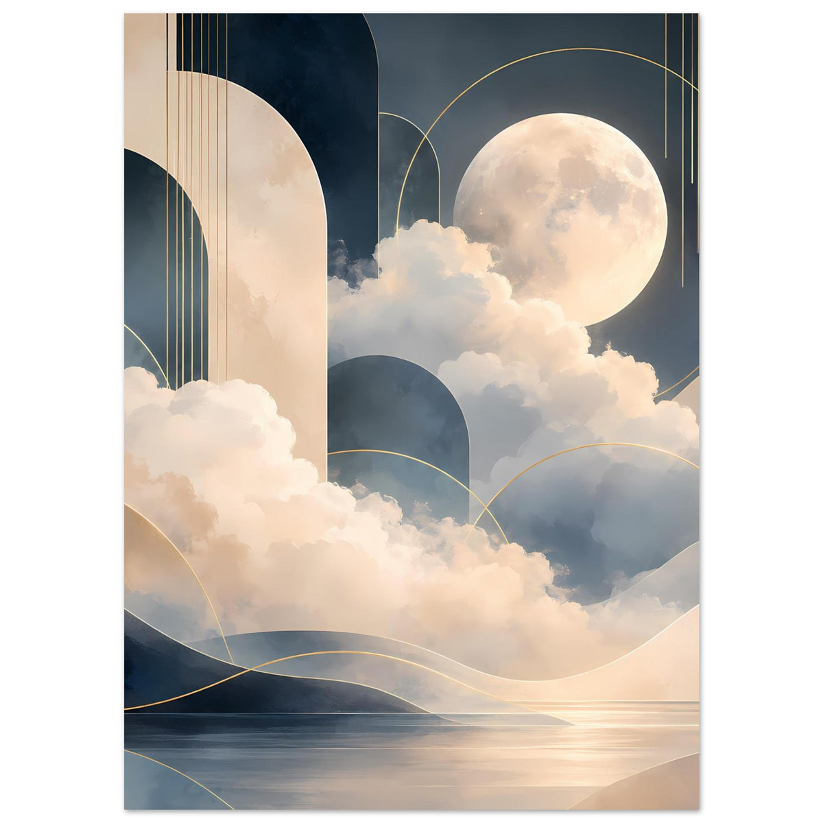 Poster mit Mondlichtszene, goldene Bögen über Wolken und Hügeln, Farbflächen in Blau und Beige