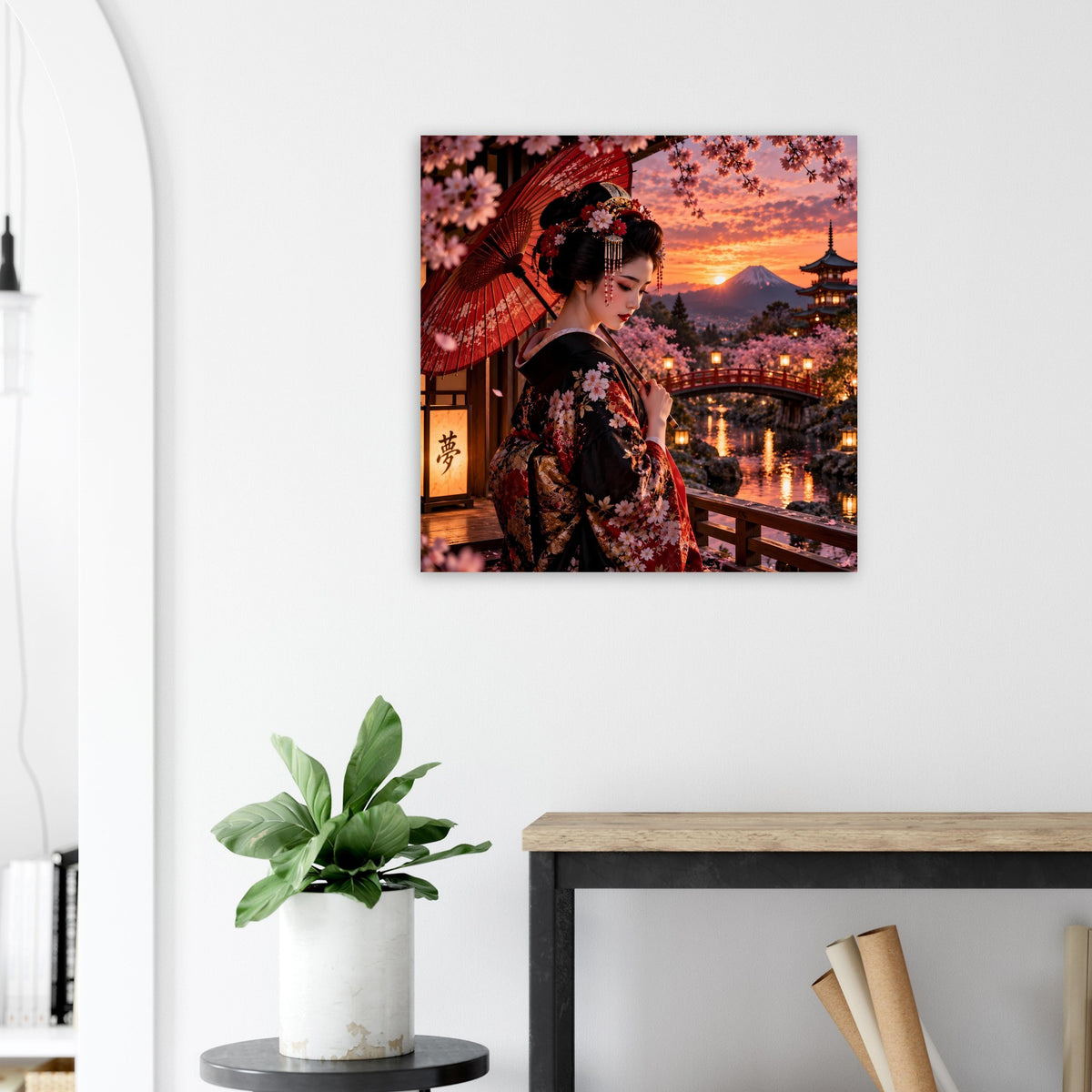 Poster mit japanischer Frau im Kimono, roter Schirm und Kirschblüten bei Sonnenuntergang