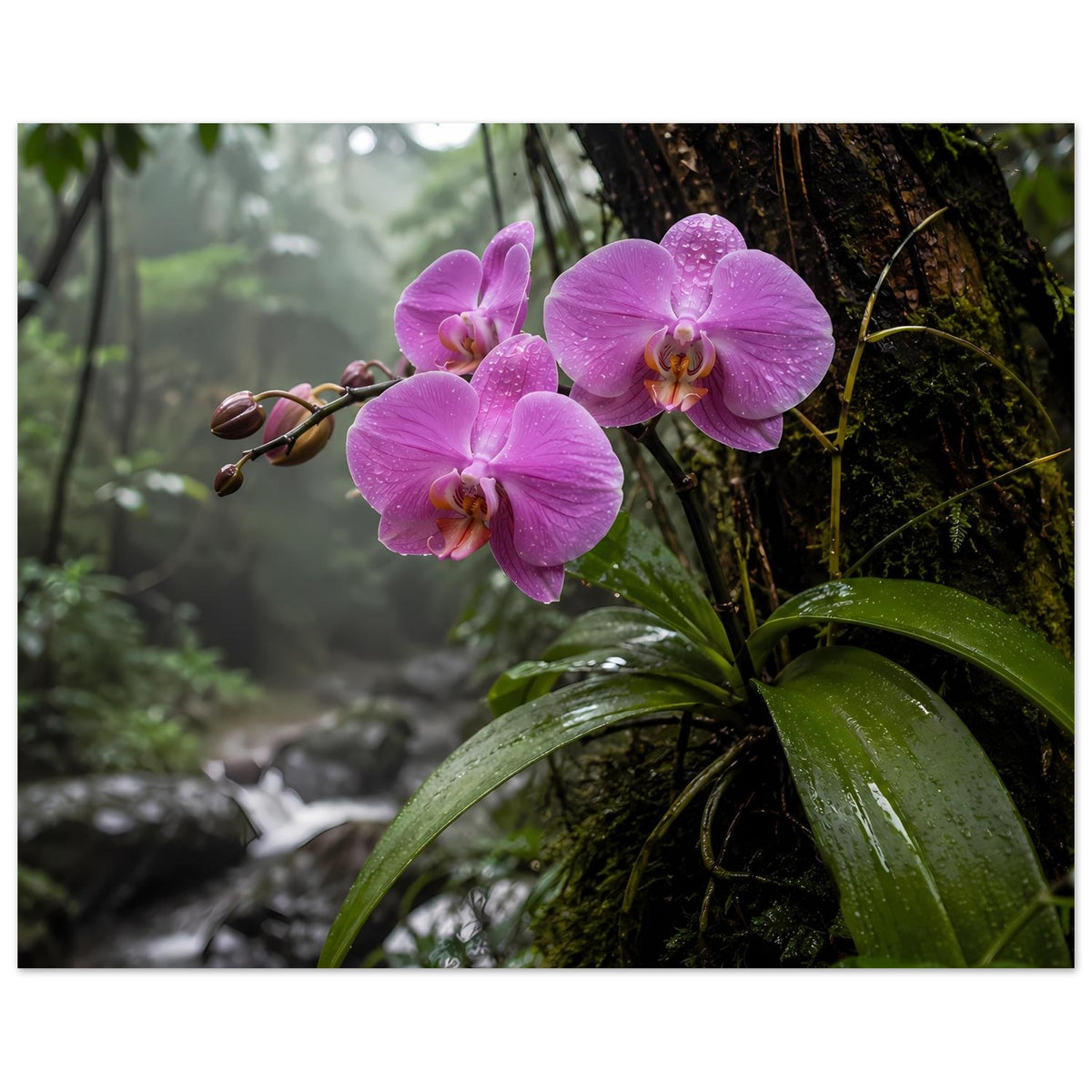 Poster: lila Orchideenblüten mit gelbem Zentrum an grünen Blättern, tropischer Waldsaum