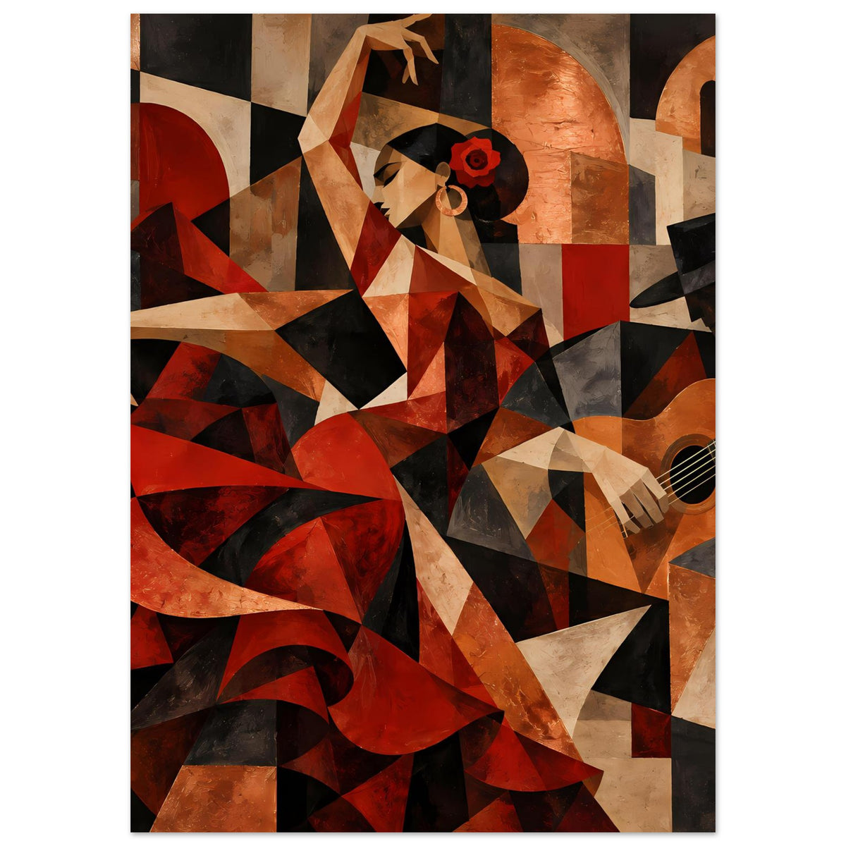 Kunstposter mit Flamenco-Tänzerin aus geometrischen Formen, rottöne und braun-beige Akzente