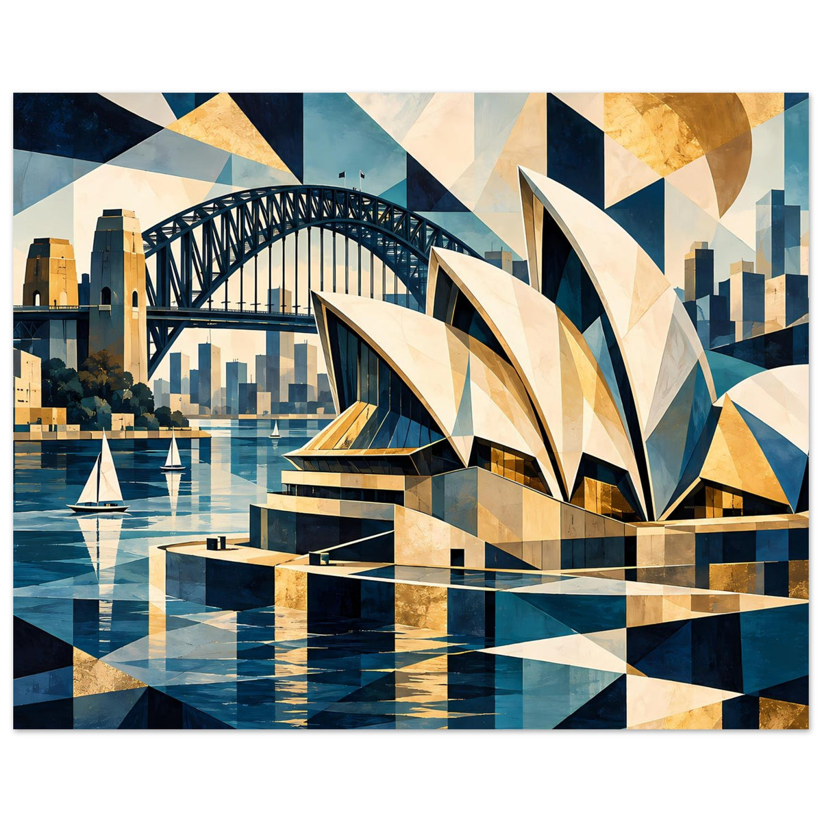Wandkunst-Poster im geometrischen Look: Brücke, segelförmiges Bauwerk, türkis-blauer Hafen mit Akzenten