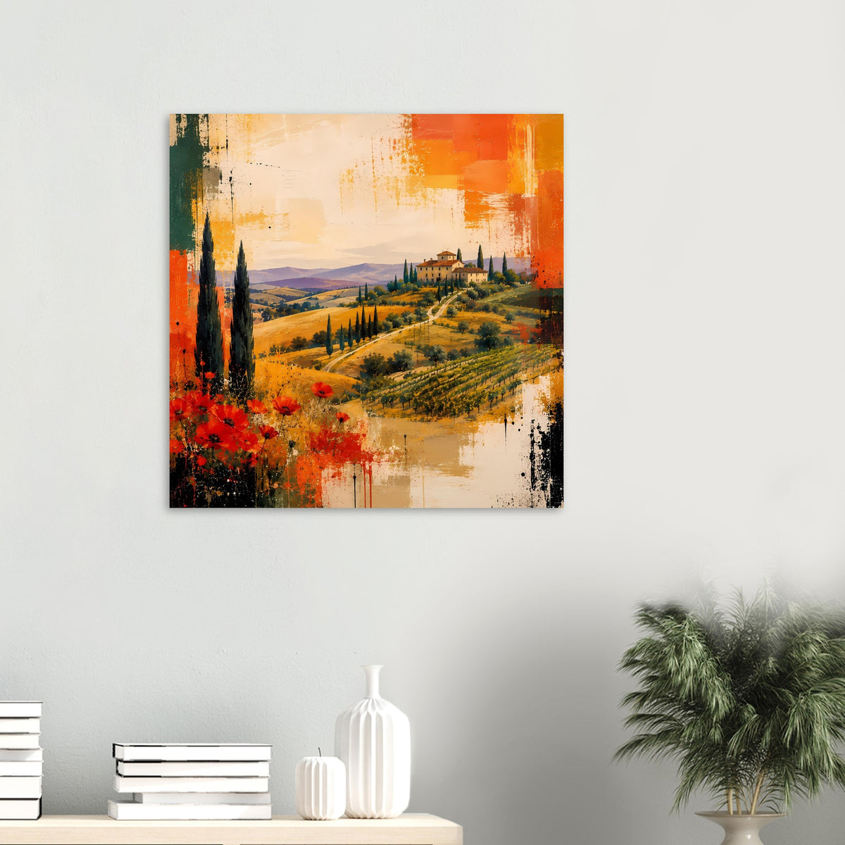Abstraktes Poster: toskanische Landschaft mit Zypressen und roten Mohnblumen
