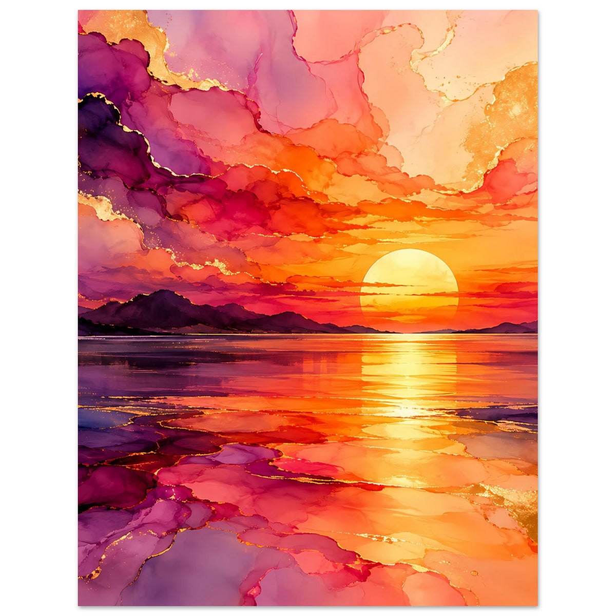 Wandposter: leuchtende Sonne über See, violette Wolken und orange Reflexionen