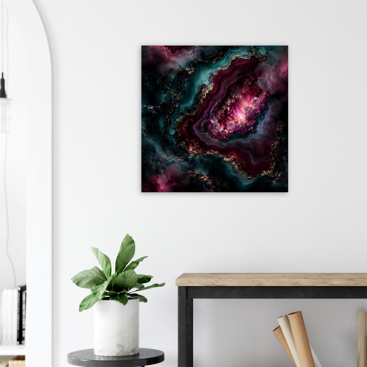 Kunstposter mit Amethyst- und Quarzadern, violett und türkisfarben, auf dunklem Grund
