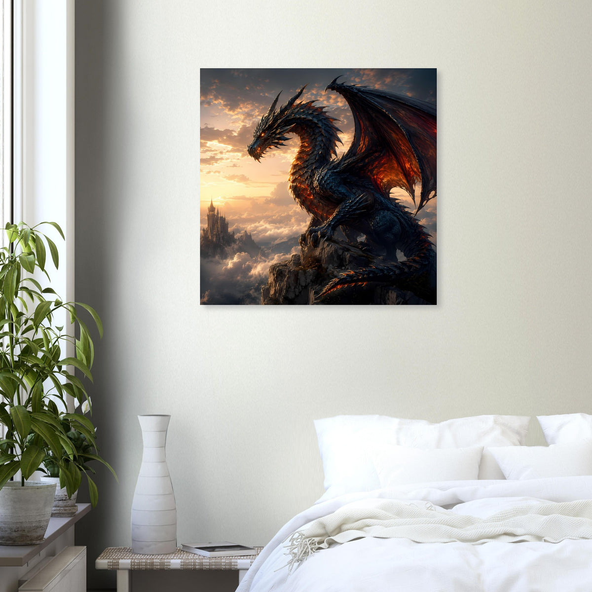 Drachenfantasy-Poster im Raum: dunkler Drache mit Flügeln vor goldenem Wolkenhimmel