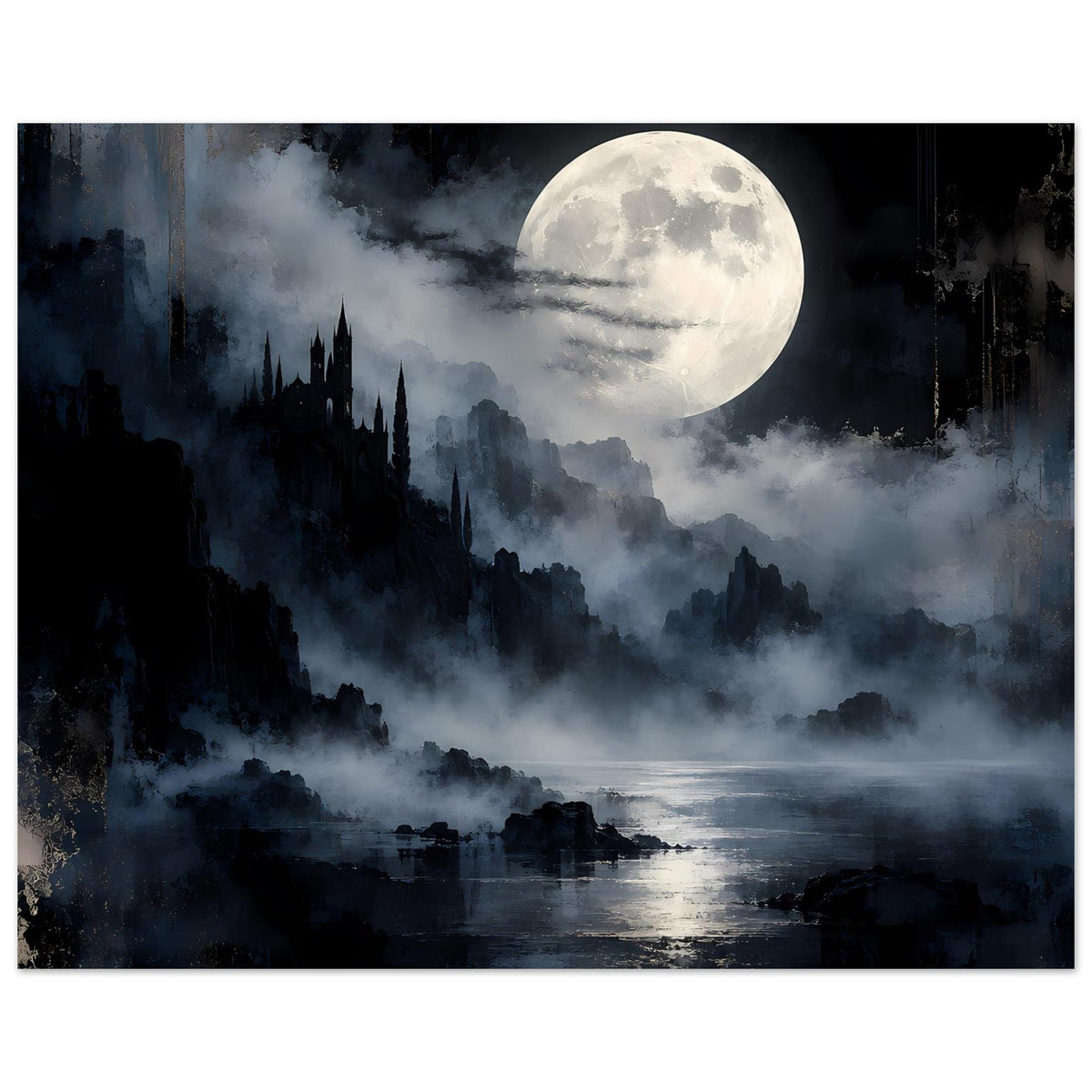 Fantasy-Landschaftsposter mit Mond, Nebel über dunkler Burgsilhouette und Flusslauf