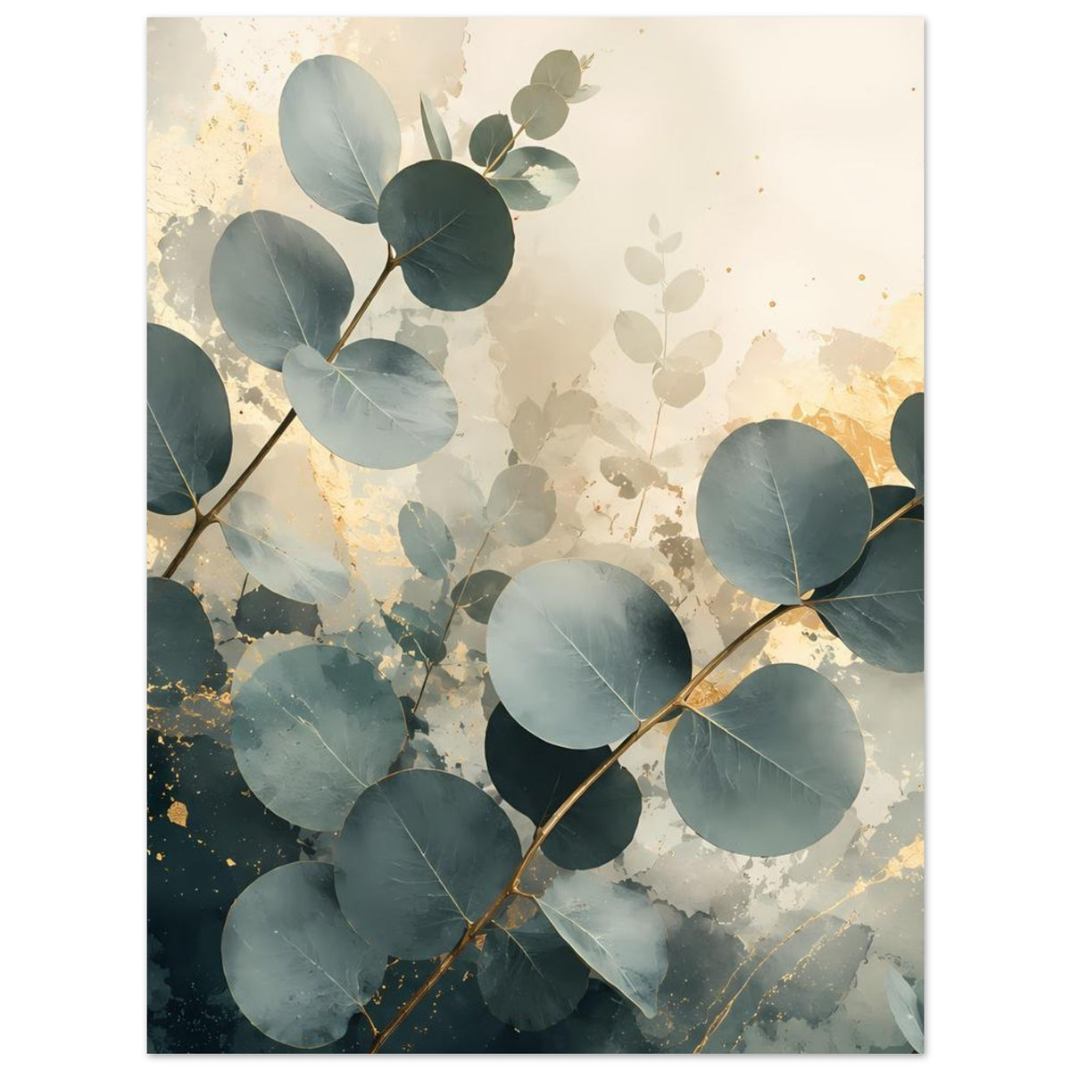 Eukalyptus-Poster mit blaugrünen Blättern und goldenen Akzenten, florales Design