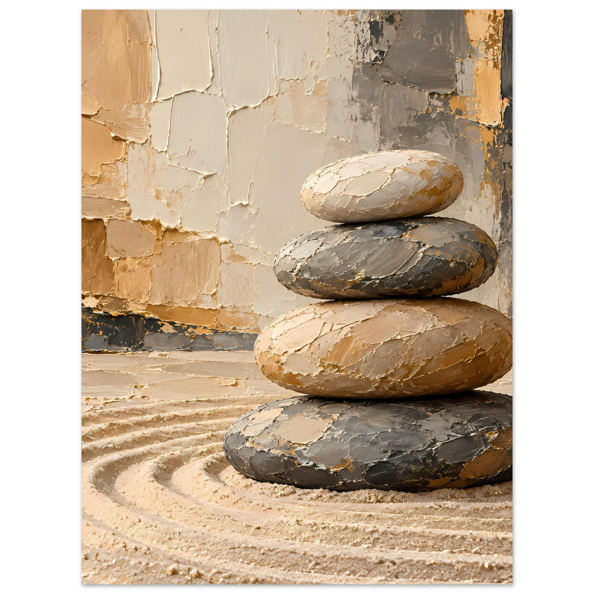 Hochformatiges Zen-Poster mit vier Flachsteinen, warmes Erdtönemotiv auf Steinboden