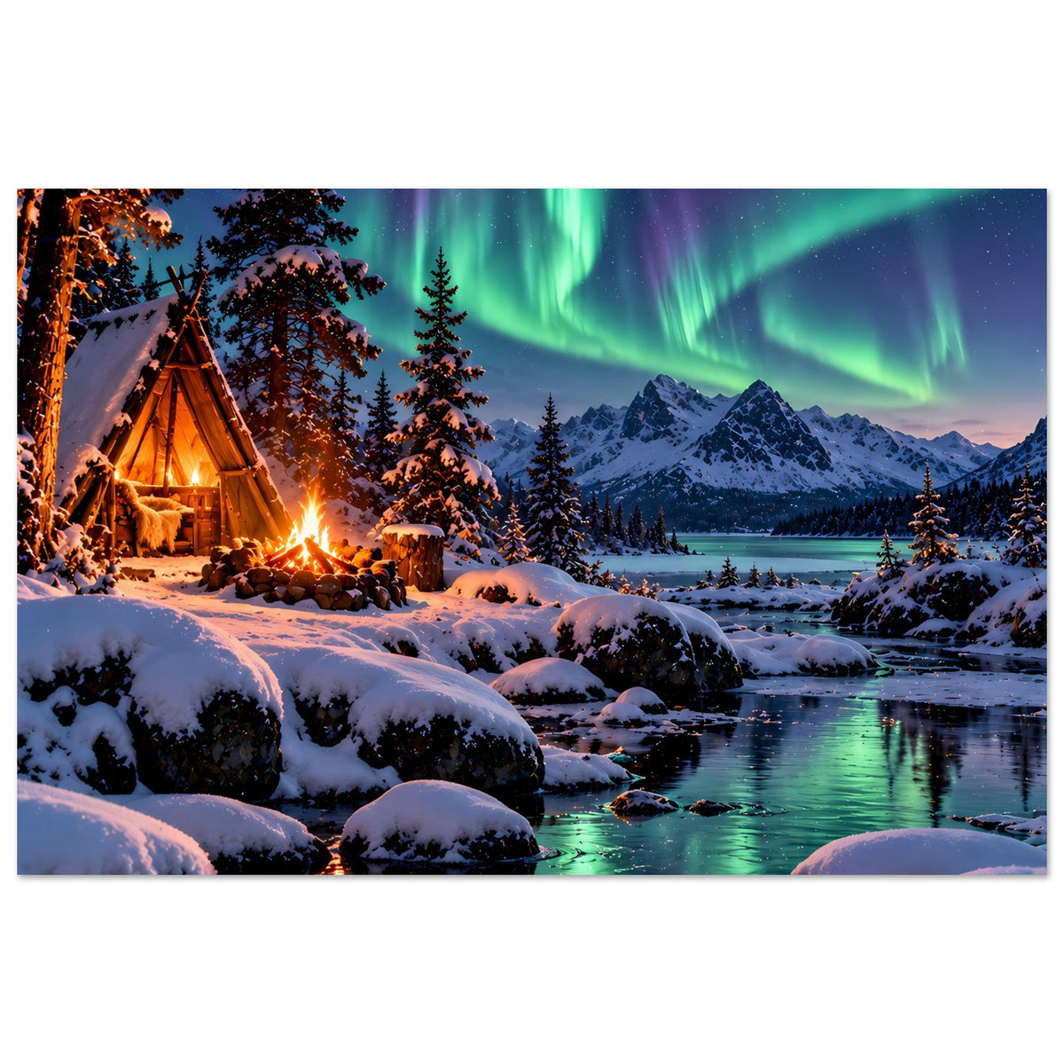 Winterlandschaft-Poster: knisterndes Lagerfeuer, Schneelandschaft, Nordlichter über dem See