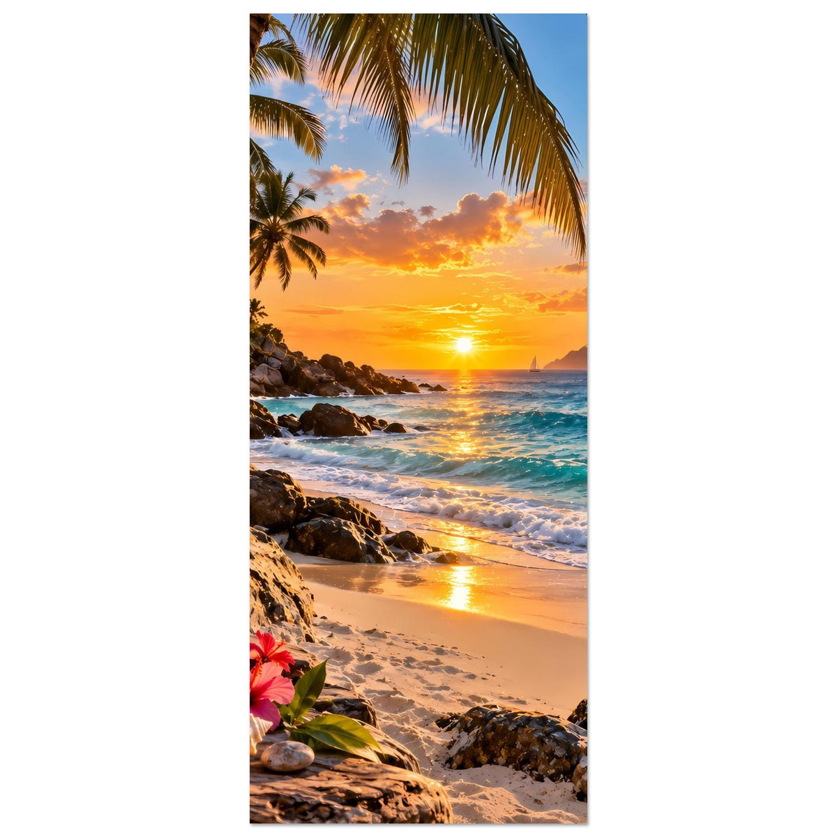 Vertikales Strandposter mit Palmen, Sonnenuntergang, Meer und Felsen