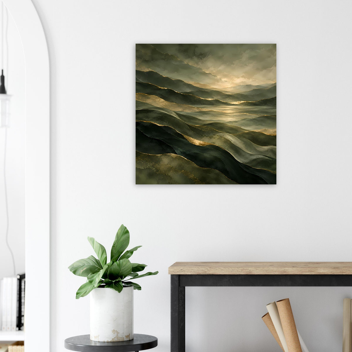 Landschafts-Poster: grüne Landschaft mit goldenem Lichtband, quadratischer Druck