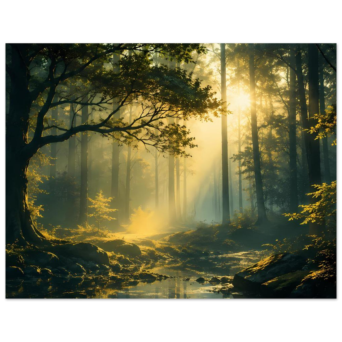 Querformat-Poster: Sonnenstrahlen im Wald, dunkle Äste, mehrere Baumreihen und ruhiges Wasser